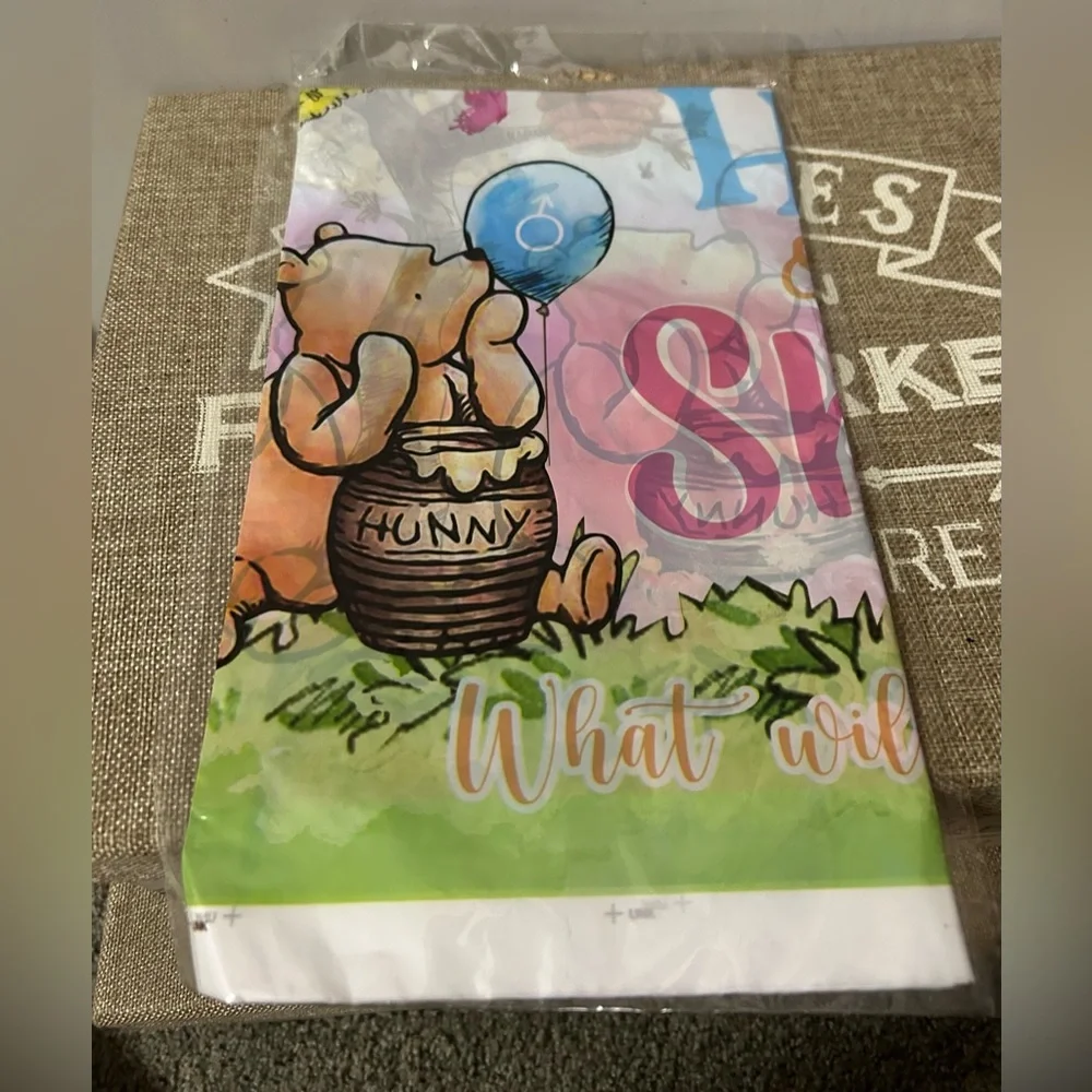 Winnie The Pooh Gender Reveal Party Paper Plates & Table Cover - Pink & Blue